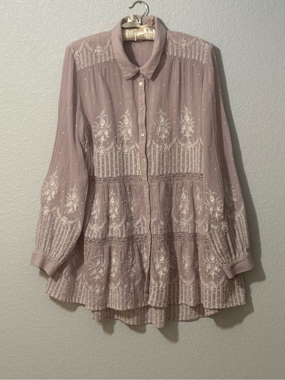 SUNDANCE Royal Riviera Tunic Embroidered Lace Tiered Buttons Long Sleeve